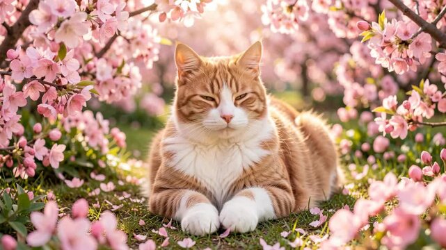 Serenity and beauty captured in this with a fluffy orange cat lying down amidst blooming flowers. The scene exudes tranquility and the soft hues create a soothing atmosphere.