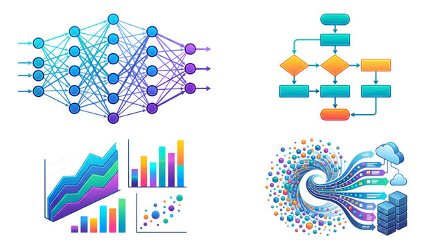 Artificial intelligence neural network and data visualization set, machine learning flowchart, business analytics charts and cloud computing icons isolated PNG with Transparent Background