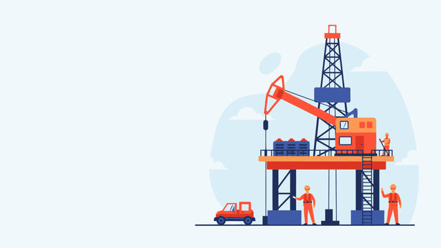 Offshore oil rig platform with workers engaged in oil and gas production, a modern vector illustration depicting energy extraction.