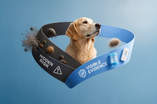 Golden retriever with hidden risk and visible evidence allergy concept