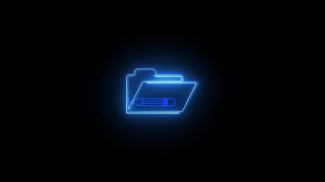 Glowing blue neon folder icon with a pencil symbol for digital file editing and document management design