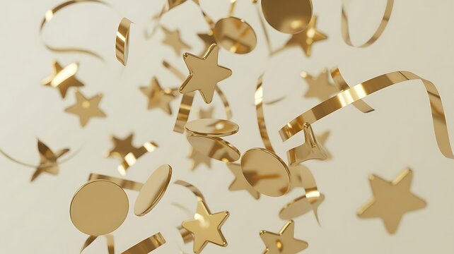 Floating Gold Confetti Stars and Ribbons Celebrating Festive Holiday Party Background