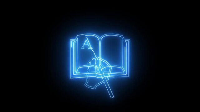 Neon blue glowing book icon with hand holding a pen pointing at the letter a on a dark black background representing education and learning concepts for digital design and website interface elements