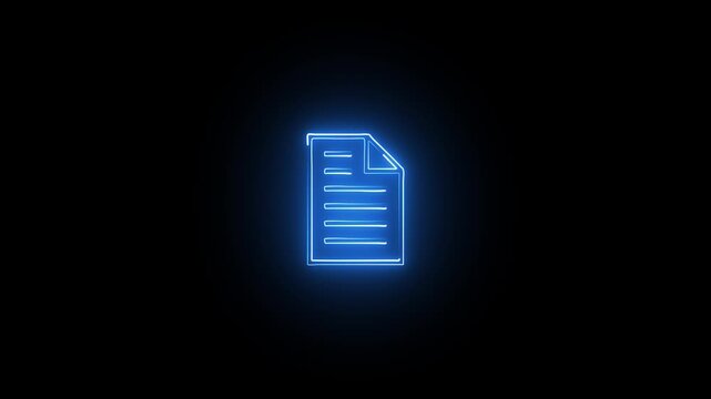 Glowing blue neon document file icon showing a paper sheet with text lines on a dark black background for digital business and office web design