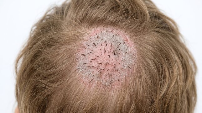 Top view close up of scalp with ringworm or alopecia skin infection