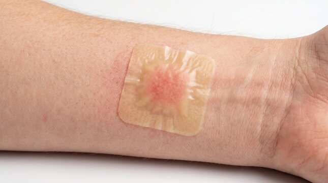 Clear hydrocolloid bandage patch applied on red inflamed arm skin