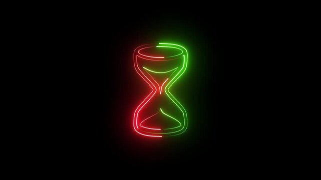 Glowing neon hourglass icon with red and green light lines isolated on a dark background showing the concept of time passing and deadline