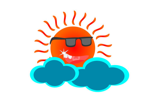 Cool Smiling Sun wearing Sunglasses Behind Blue Clouds Isolated on Transparent Background