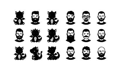 Obraz premium dragon, fantasy, cartoon, sitting, mascot, creature, reptile, wings, bearded, beard, man, male, avatar, profile, icon, flat, vector, illustration, isolated, colorful, simple, editable, modern, collect