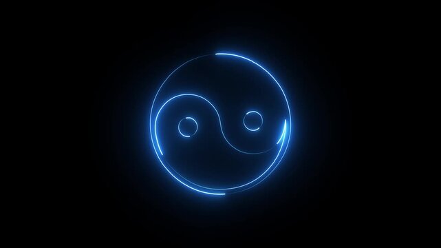 Glowing blue neon yin yang symbol on a dark black background representing balance and harmony in modern digital style