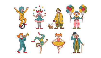 Cute circus clown character vector set with funny cartoon performers juggling riding unicycle holding balloons and playing trumpet © Moner