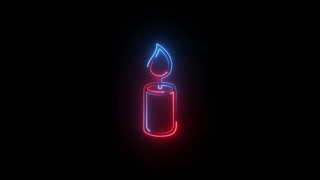 Glowing neon candle icon with a bright red flame and blue body isolated on a dark black background