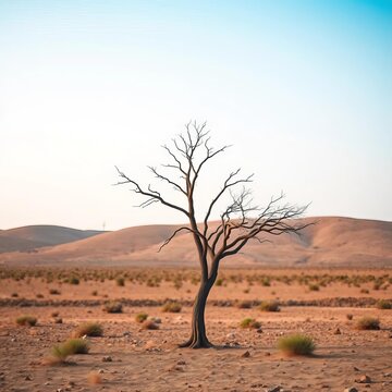 Single, isolated tree standing tall in a barren landscape, solitary, ||tree