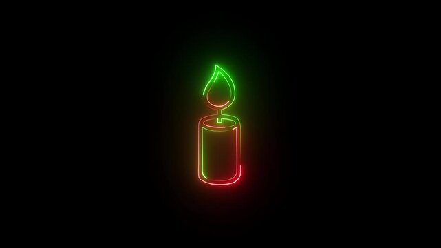 Glowing neon candle icon with red flame and green body isolated on black background for minimalist design elements or digital signs in dark mode