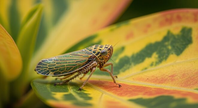 Leafhopper insect on a colorful leaf in close-up detail