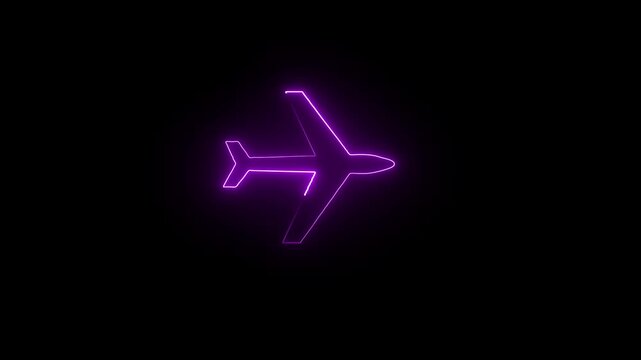 Bright purple neon airplane icon glowing on a dark black background representing modern travel and flight transportation technology for digital design and web graphics illustration