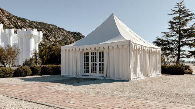 White outdoor event tent with pointed roof, castle style building, mountain, clear sky, and trees in background, peaceful atmosphere