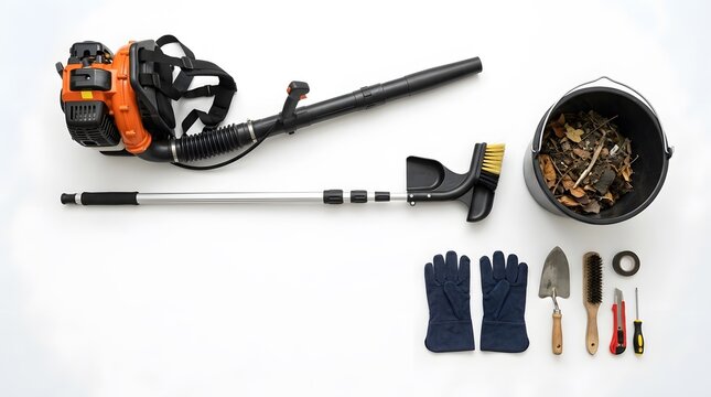 Backpack leaf blower and garden maintenance equipment set isolated on plain white studio background. Leaf blower with bucket and hand tools for garden cleanup.