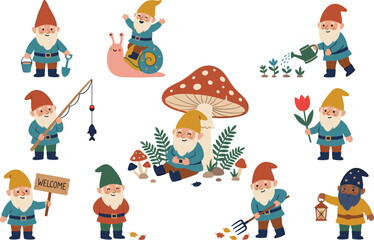 Fototapeta premium Cute garden gnomes vector set with funny little dwarfs gardening fishing riding snail holding welcome sign and watering plants