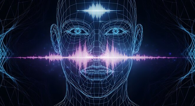 Digital wireframe human face with glowing artificial voice synthesis waveforms representing sound waves and speech recognition technology