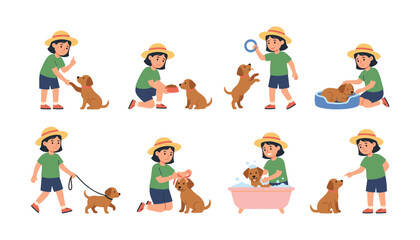 Obraz premium Cute girl taking care of puppy vector set with feeding training bathing walking playing and petting dog illustrations