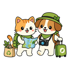 Fototapeta premium Cute cat and dog travelers reading map together cartoon vector
