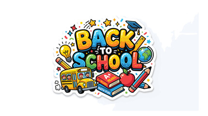 Obraz premium Vibrant back to school illustration featuring a yellow bus, books, apple, and graduation cap with colorful confetti