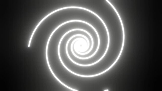 Glowing white neon spiral abstract background with swirl light effect on black backdrop for digital motion concept