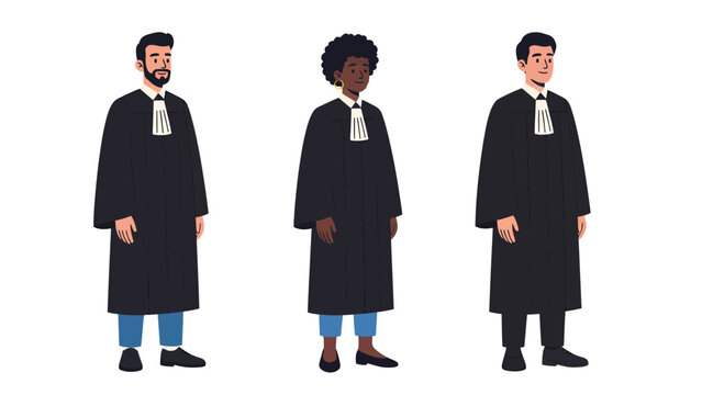Three diverse lawyers in traditional black robes and white collars standing against a white background.