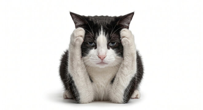 Funny cute black and white tuxedo cat holding its head lying down in frustration isolated on white background.