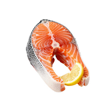 Fresh salmon steak slice with lemon on a white background
