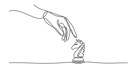 Continuous single line drawing of a human hand playing a chess knight piece © collection by Rama