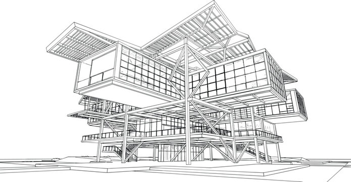 Contemporary Steel Frame Building Architectural Wireframe CAD Drawing with Modern Structural Design