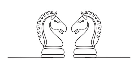 Two chess knight pieces facing each other in a continuous single line drawing © collection by Rama