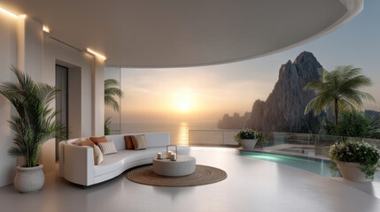 Obraz premium Modern outdoor terrace balcony with white curved sofa, round rug, potted palm, ocean view, mountain, and sunset ambiance