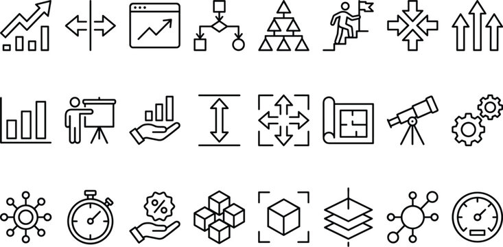 Minimalist graphic elements for business planning, performance tracking, statistical graphs, network connections, and industrial processing outline vector designs.