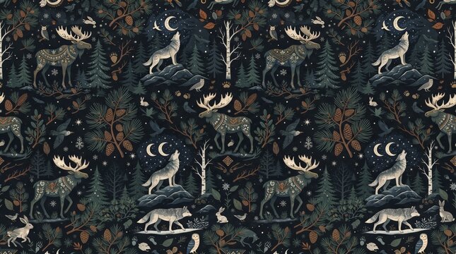 Ireland pattern night forest moose and wolf illustration with folklore background wallpaper traditional illustrative
