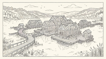 Fototapeta premium Hand-Drawn Illustration of a Serene Floating Village Greenhouse Complex on a Calm Mountain Lake