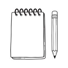 Hand-drawn blank notepad and pencil, sketch outline illustration of flip notebook page, stationery copy space template  © Journey