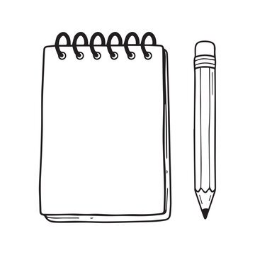 Hand-drawn blank notepad and pencil, sketch outline illustration of flip notebook page, stationery copy space template

