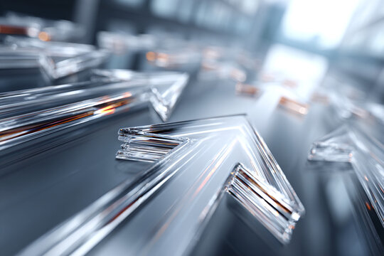 Transparent glass crystal arrows pointing forward on a dark glossy background with copper reflections, corporate business progress growth trend and success direction abstract conceptual design.
