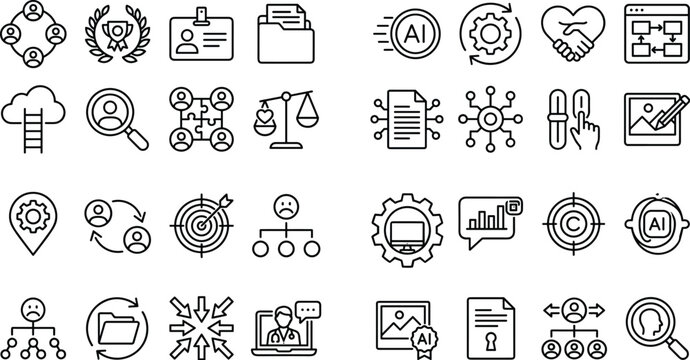 Artificial intelligence and corporate business management line icon set featuring human resources, digital technology, target marketing, database analytics, strategic networking symbols.