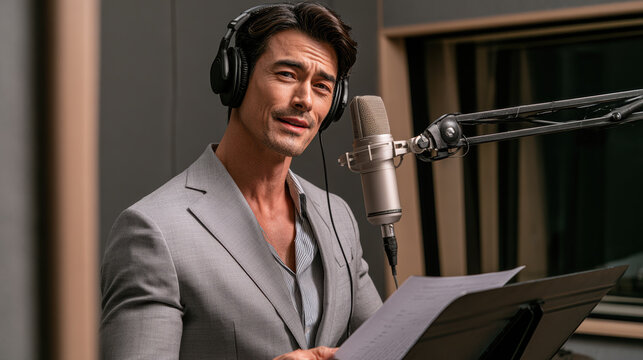Confident Korean male voice actor in recording studio, wearing headphones, holding script, standing by microphone, professional atmosphere
