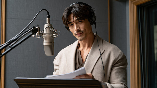 Confident Korean male voice actor in recording studio, wearing headphones, holding script, standing by microphone, professional atmosphere