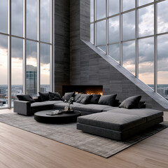 Obraz premium Modern wood architectural penthouse with panoramic city view, large windows, cozy fireplace, and elegant gray sectional sofa interior