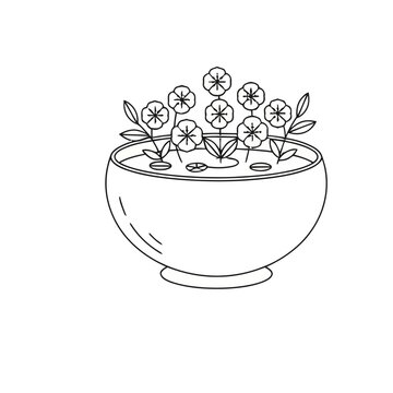 Outline of a bowl with flowers and leaves