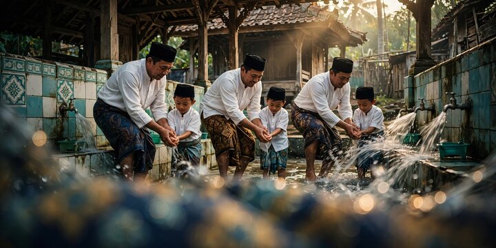 Muslim men and boys performing wudu ablution at a traditional tiled fountain before prayer in a Southeast Asian village with wooden architecture and splashing water