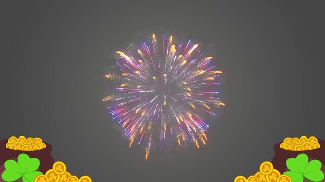 Gold coins resting inside a pot accompanied by green shamrocks frame a bright firework burst to celebrate Saint Patrick's Day with a festive and lucky thematic design for social media posts.