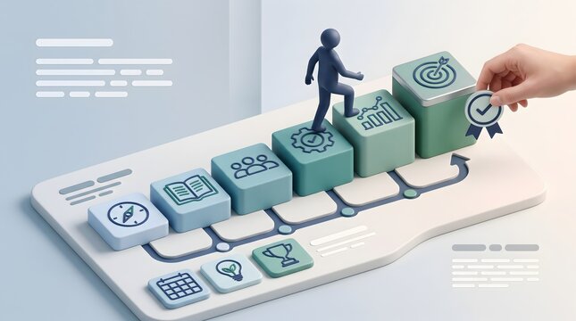 Professional skill development and strategic alignment roadmap illustrated by geometric steps and corporate achievement icons
