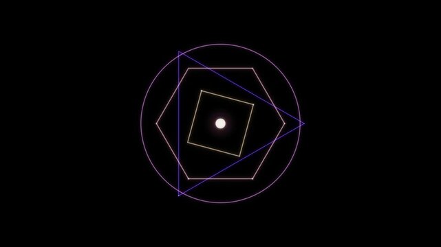 A minimalist composition featuring glowing geometric shapes arranged within a seamless looping animation for use as a background.